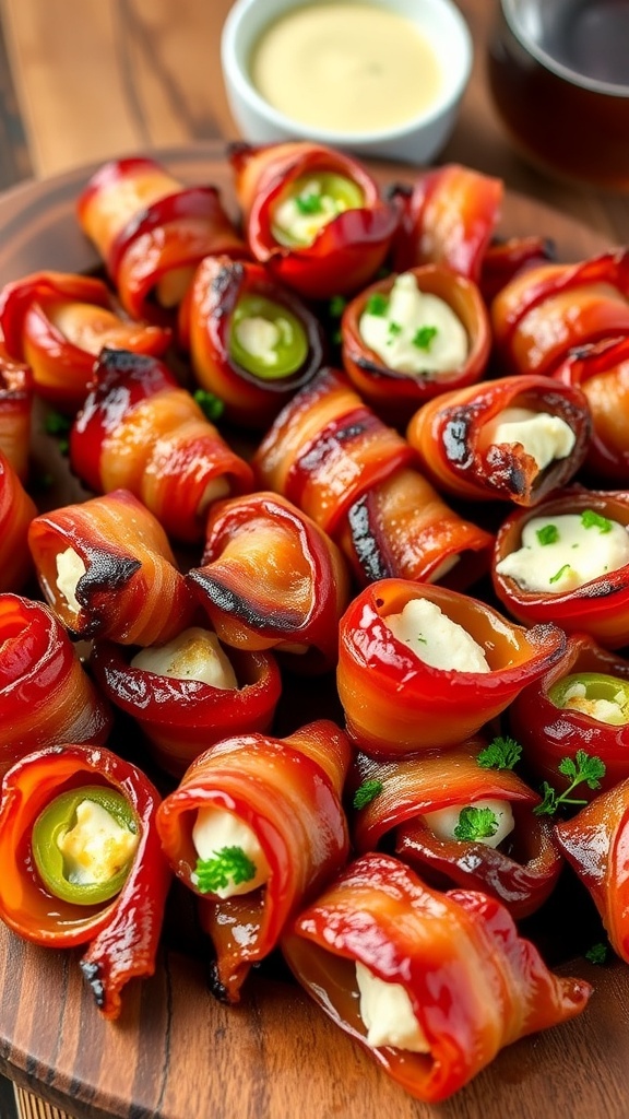 A delicious assortment of bacon-wrapped appetizers with various fillings on a rustic platter.